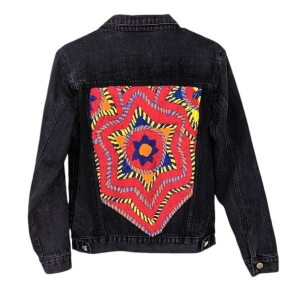 Embroidered Jean jacket ethnic Aztec boho styled black wash Medium T11 - Picture 1 of 7